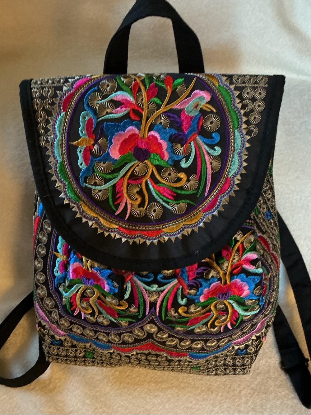 Boho Embroidered Black Backpack with Multi-Color Floral Accents